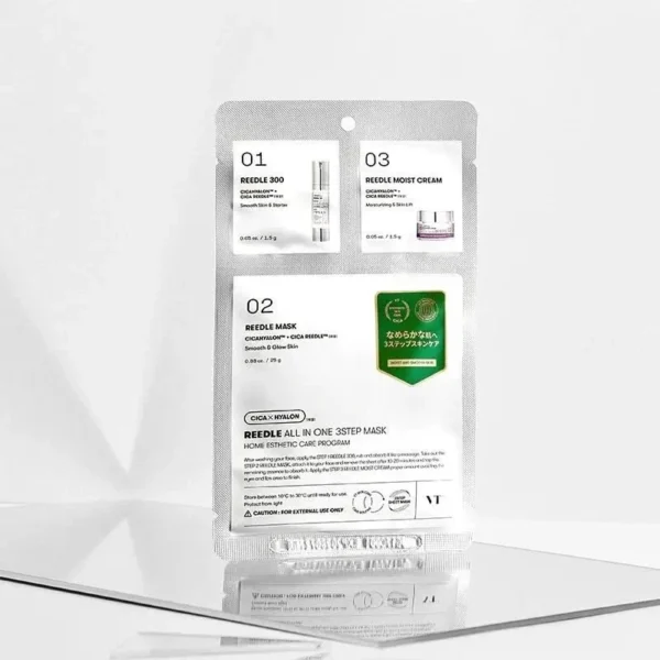 3 žingsnių veido kaukė su Reedle™ technologija, lakštine kauke ir drėkinamuoju kremu odos drėkinimui, tekstūros gerinimui ir natūraliam švytėjimui.