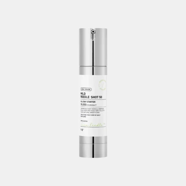 **ALT tekstas** VT Cosmetics Reedle Shot 50 švelni ampulė su Cica Reedle™ technologija, centele, triguba hialurono rūgštimi, niacinamidu ir žaliuoju propoliu odos drėkinimui, raminimui ir tekstūros gerinimui.